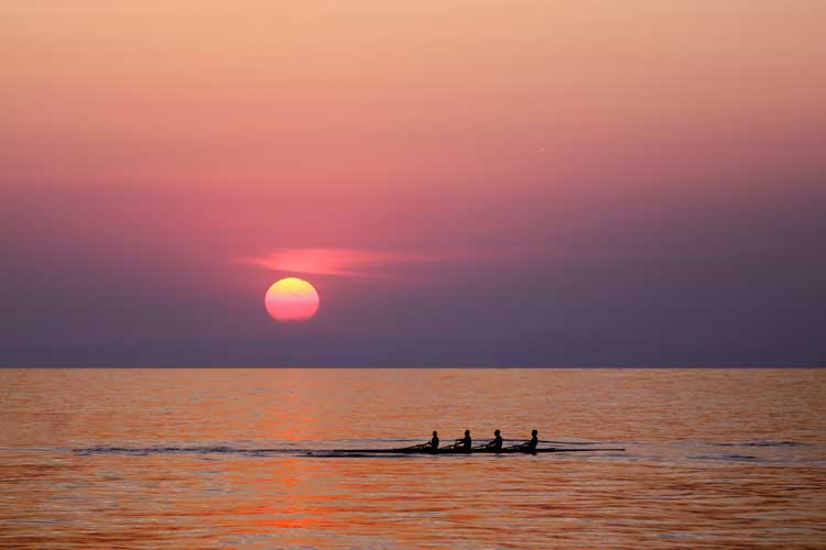 rowing team at sunset